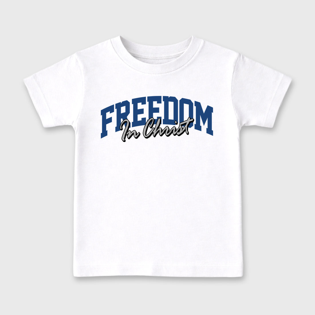 Freedom In Christ Baby & Kids Graphic T-Shirt featuring original artwork designed to match the Air Jordan 3 True Blue. White 2 Kids Graphic Tee.
