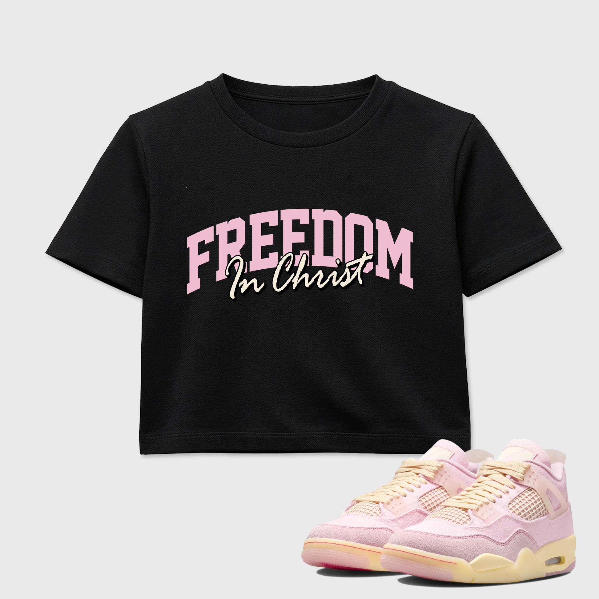 Sneaker match tees – Sneaker Tees To Match Air Jordan 4 Iced Carmine Shoes – Freedom In Christ Crop T-Shirt Black 1