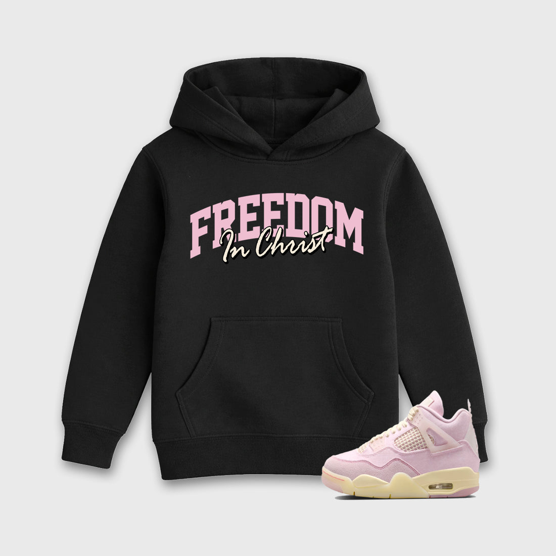 Sneaker match tees – Sneaker Tees To Match Air Jordan 4 Iced Carmine Shoes – Freedom In Christ Kids T-Shirt Black 1
