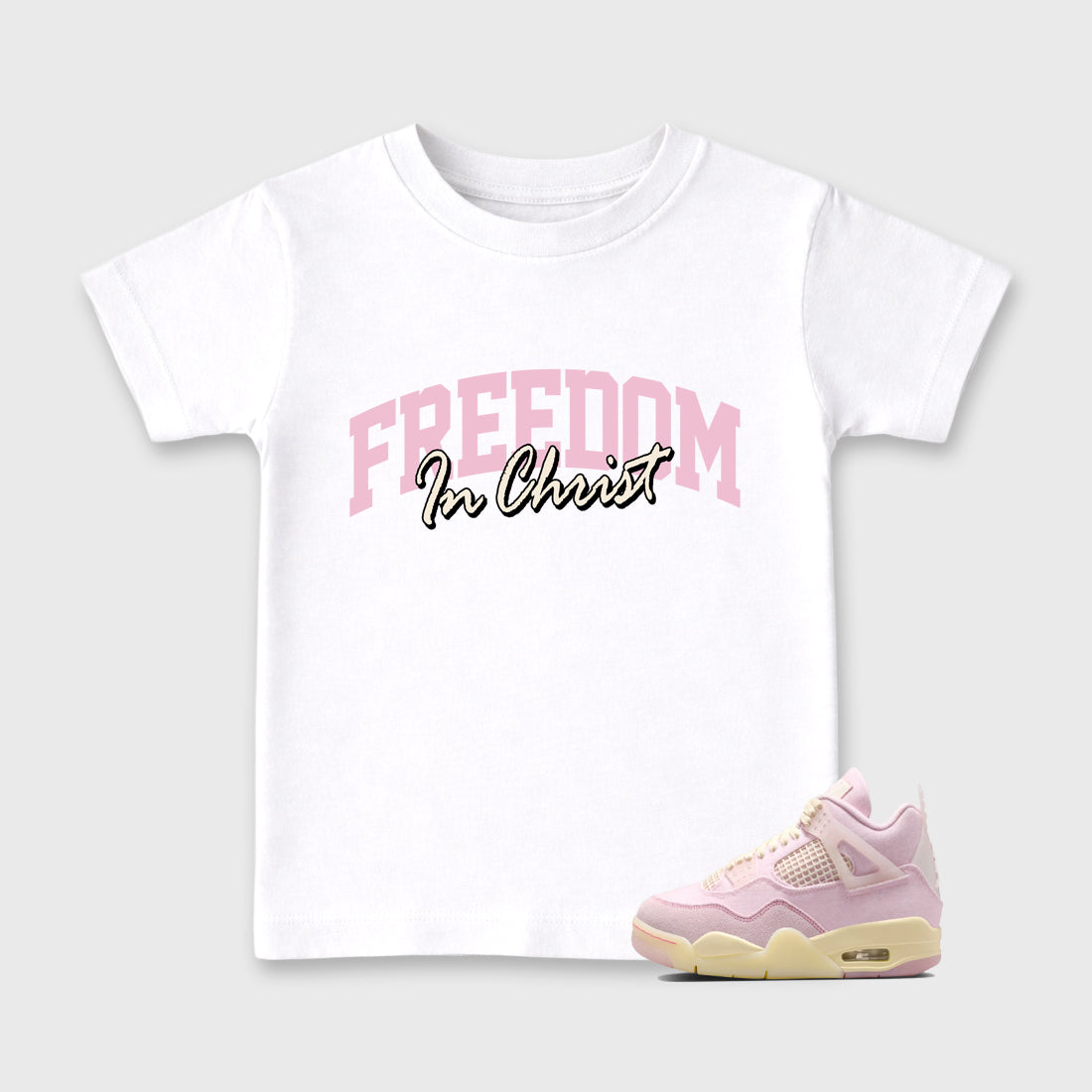 Sneaker match tees – Sneaker Tees To Match Air Jordan 4 Iced Carmine Shoes – Freedom In Christ Kids T-Shirt White 1