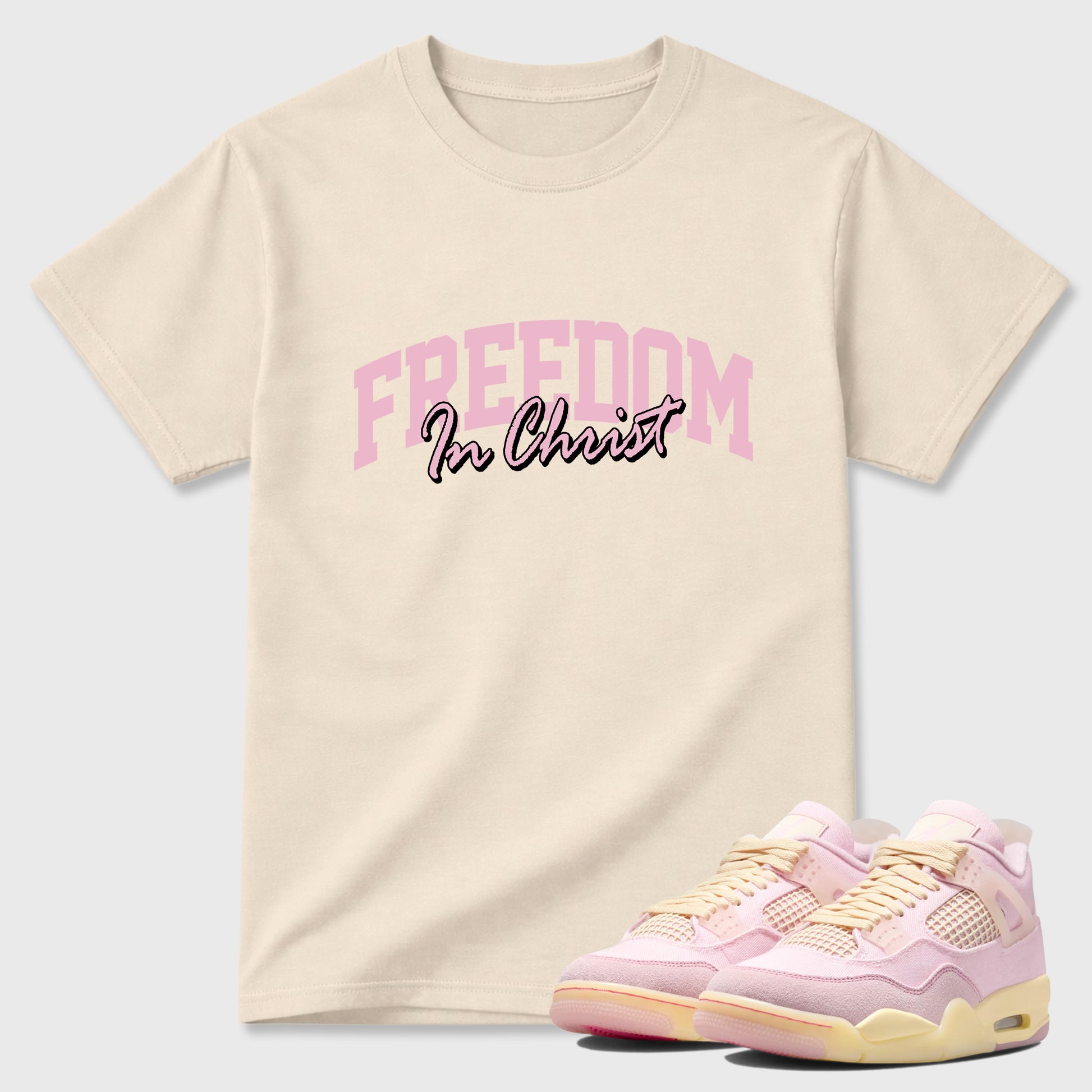 Sneaker match tees – Sneaker Tees To Match Air Jordan 4 Iced Carmine Shoes – Freedom In Christ Tee Natural 1