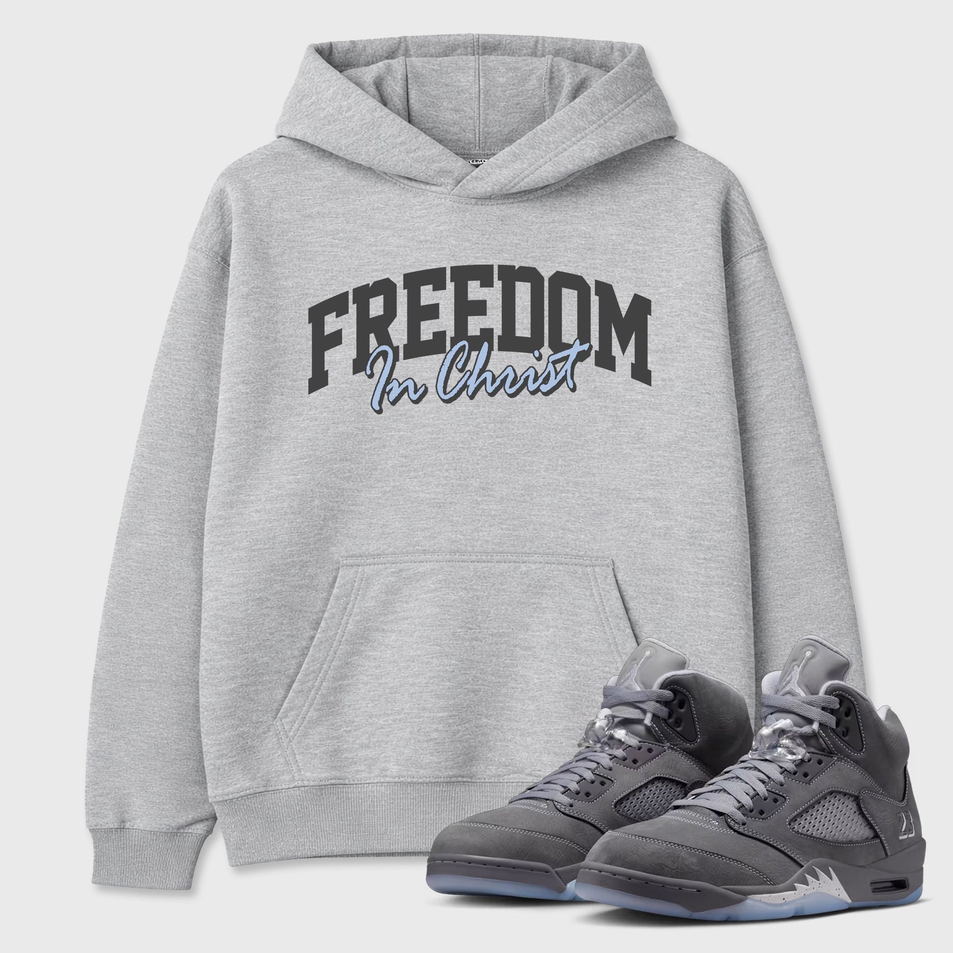 Sneakerfit for Sneakerheads – Sneaker Tees To Match Air Jordan 5 Wolf Grey Sneakers – Freedom In Christ Tee Heather Grey 1