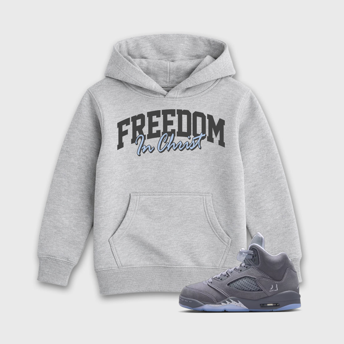 Sneakerfit for Sneakerheads – Sneaker Tees To Match Air Jordan 5 Wolf Grey Sneakers – Freedom In Christ Kids T-Shirt Heather Grey 1