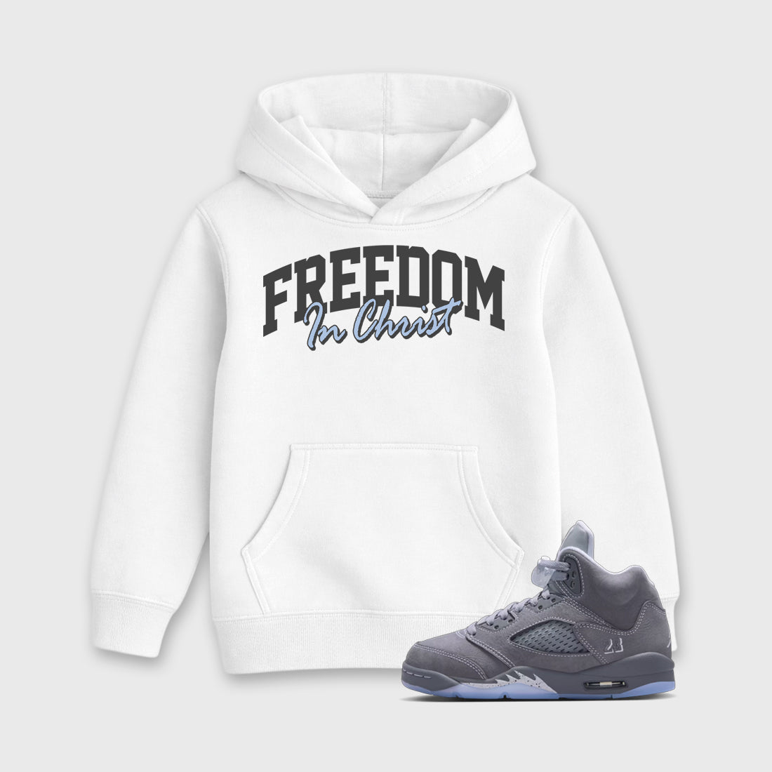 Sneakerfit for Sneakerheads – Sneaker Tees To Match Air Jordan 5 Wolf Grey Sneakers – Freedom In Christ Kids T-Shirt White 1