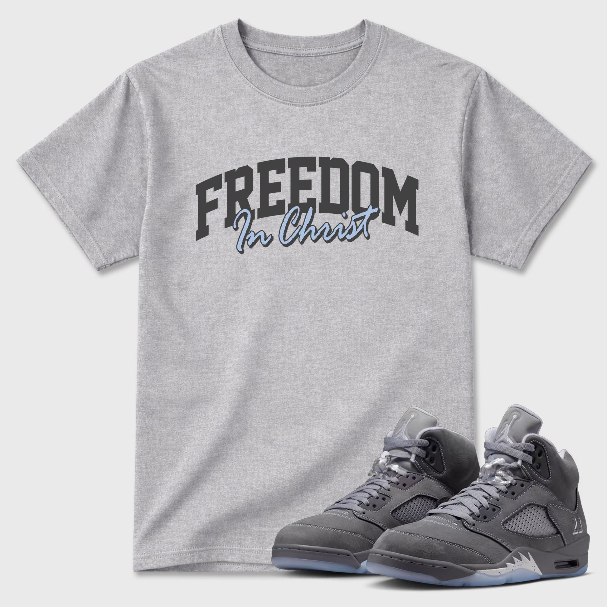 Sneakerfit for Sneakerheads – Sneaker Tees To Match Air Jordan 5 Wolf Grey Sneakers – Freedom In Christ Tee Heather Grey 1