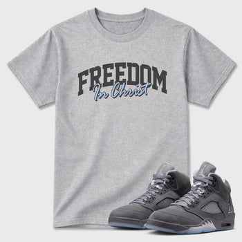 Sneakerfit for Sneakerheads – Sneaker Tees To Match Air Jordan 5 Wolf Grey Sneakers – Freedom In Christ Tee Heather Grey 1