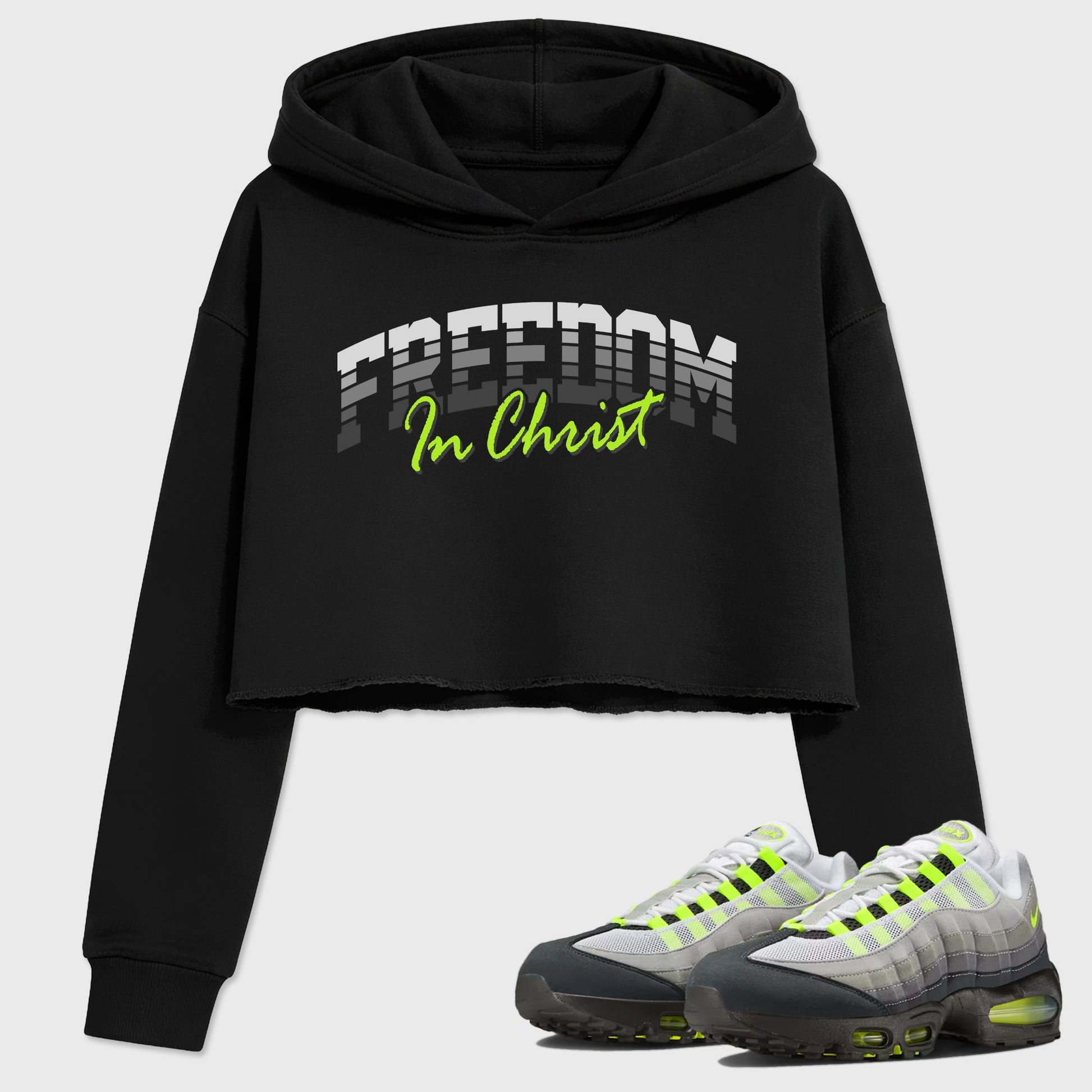 Sneakerfit for Sneakerheads – Sneaker Tees To Match Air Max 95 Neon Yellow Sneakers – Freedom In Christ Crop T-Shirt Black 1