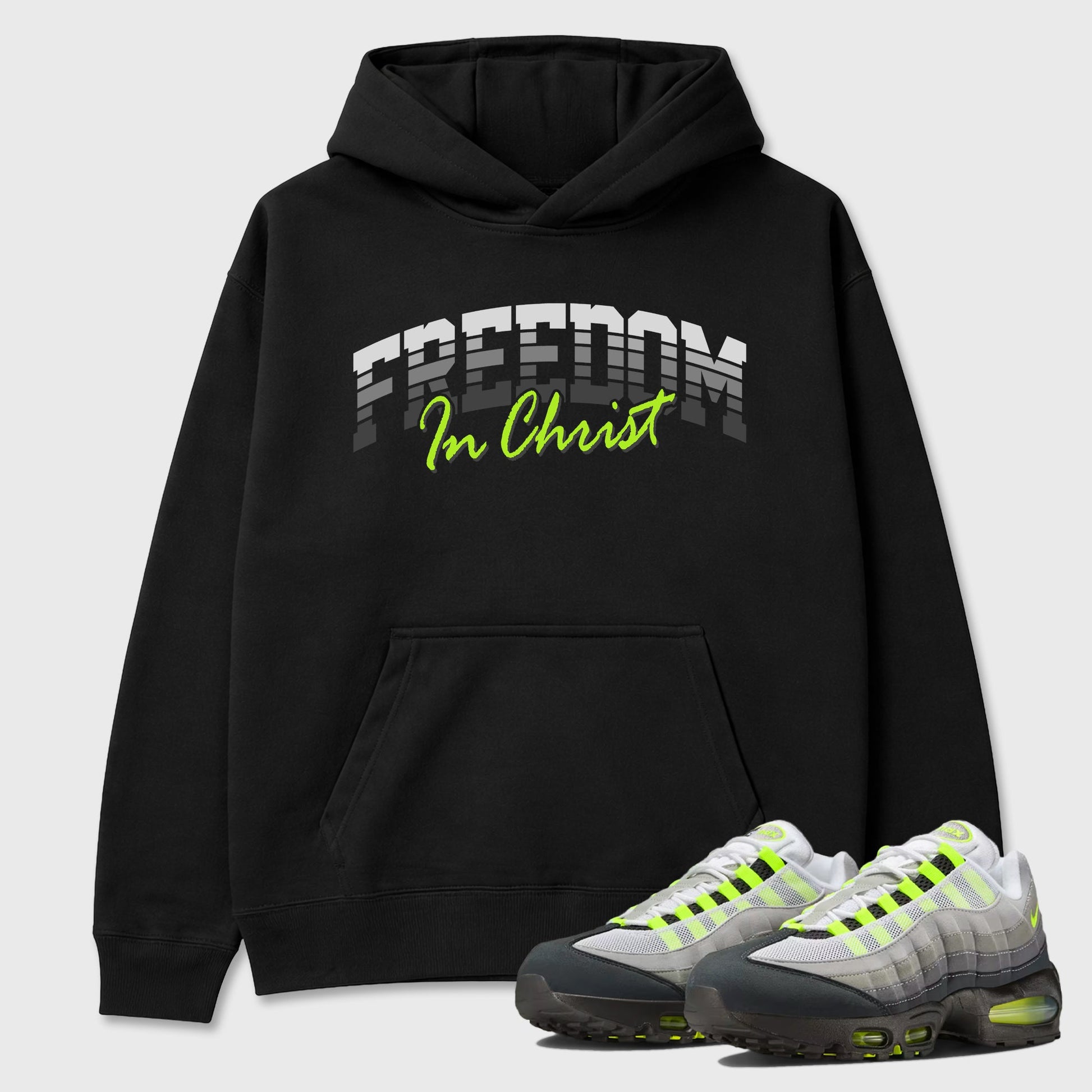 Sneakerfit for Sneakerheads – Sneaker Tees To Match Air Max 95 Neon Yellow Sneakers – Freedom In Christ Tee Black 1