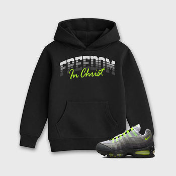 Sneakerfit for Sneakerheads – Sneaker Tees To Match Air Max 95 Neon Yellow Sneakers – Freedom In Christ Kids T-Shirt Black 1