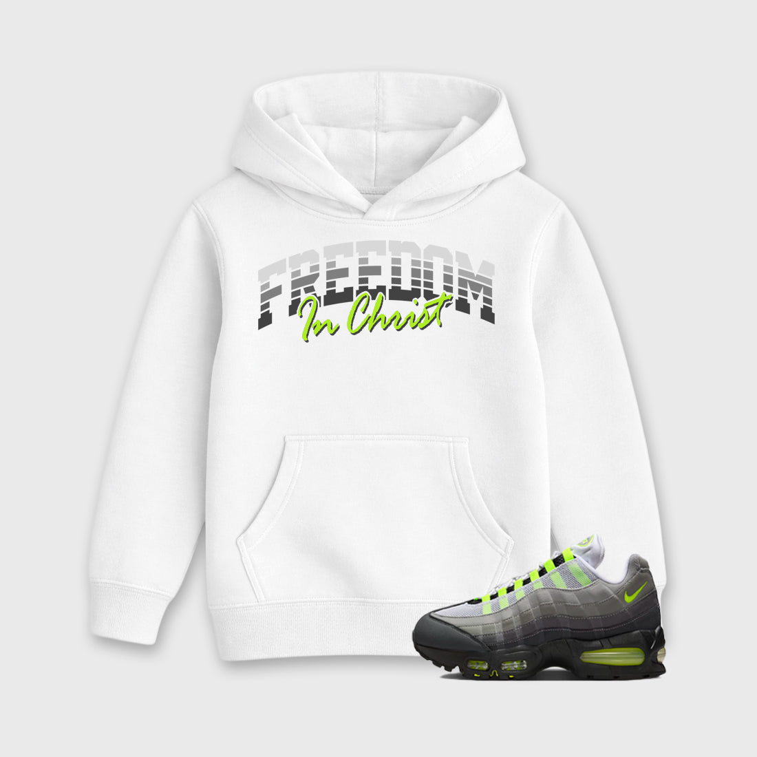 Sneakerfit for Sneakerheads – Sneaker Tees To Match Air Max 95 Neon Yellow Sneakers – Freedom In Christ Kids T-Shirt White 1