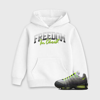 Sneakerfit for Sneakerheads – Sneaker Tees To Match Air Max 95 Neon Yellow Sneakers – Freedom In Christ Kids T-Shirt White 1
