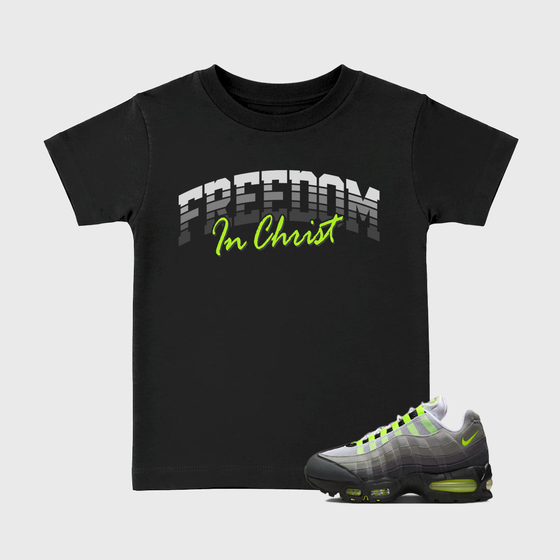 Sneakerfit for Sneakerheads – Sneaker Tees To Match Air Max 95 Neon Yellow Sneakers – Freedom In Christ Kids T-Shirt Black 1
