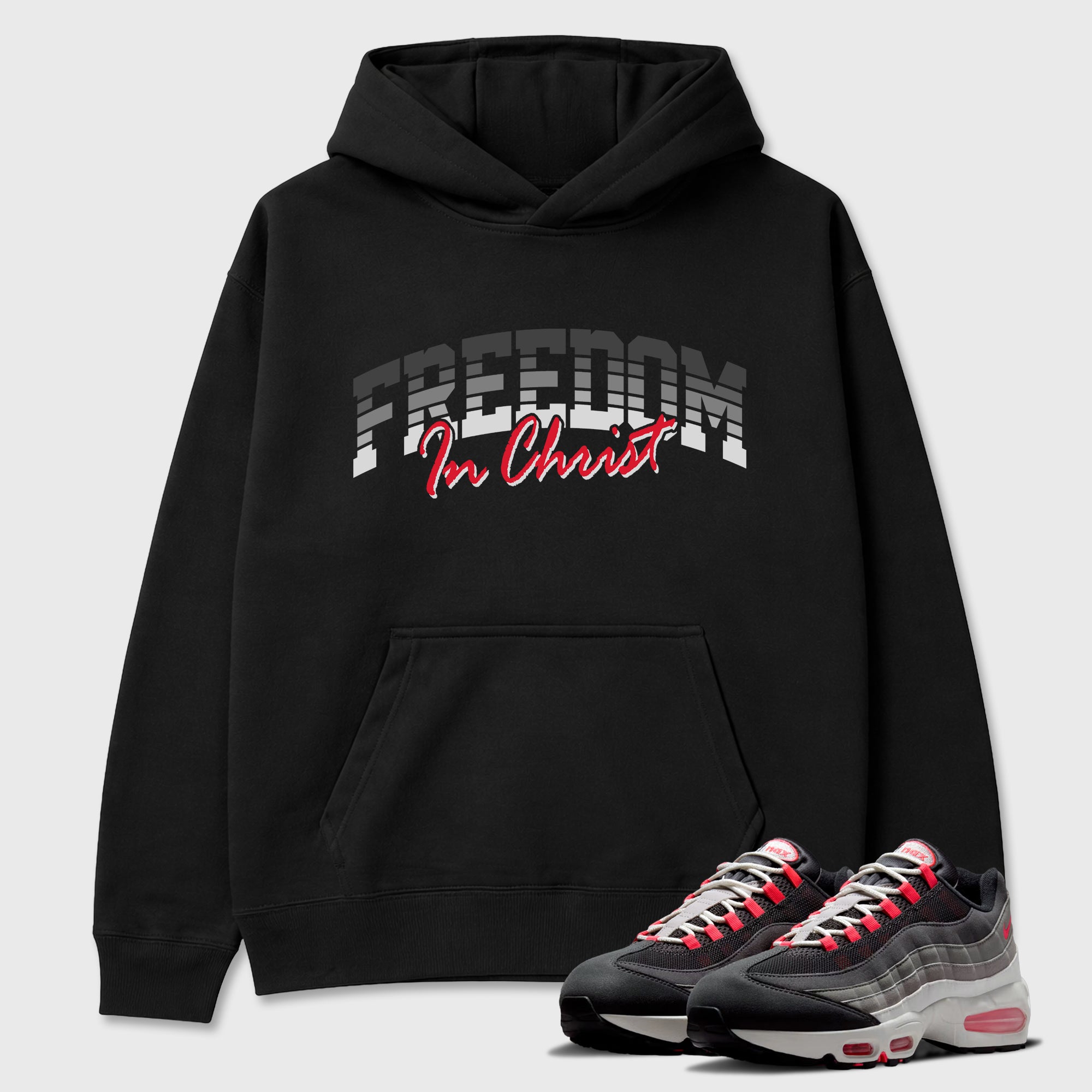 Freedom In Christ Graphic T-Shirt featuring original streetwear artwork designed to match the Air Max 95 Reverse Solar Red. Black 1 Graphic Tee.