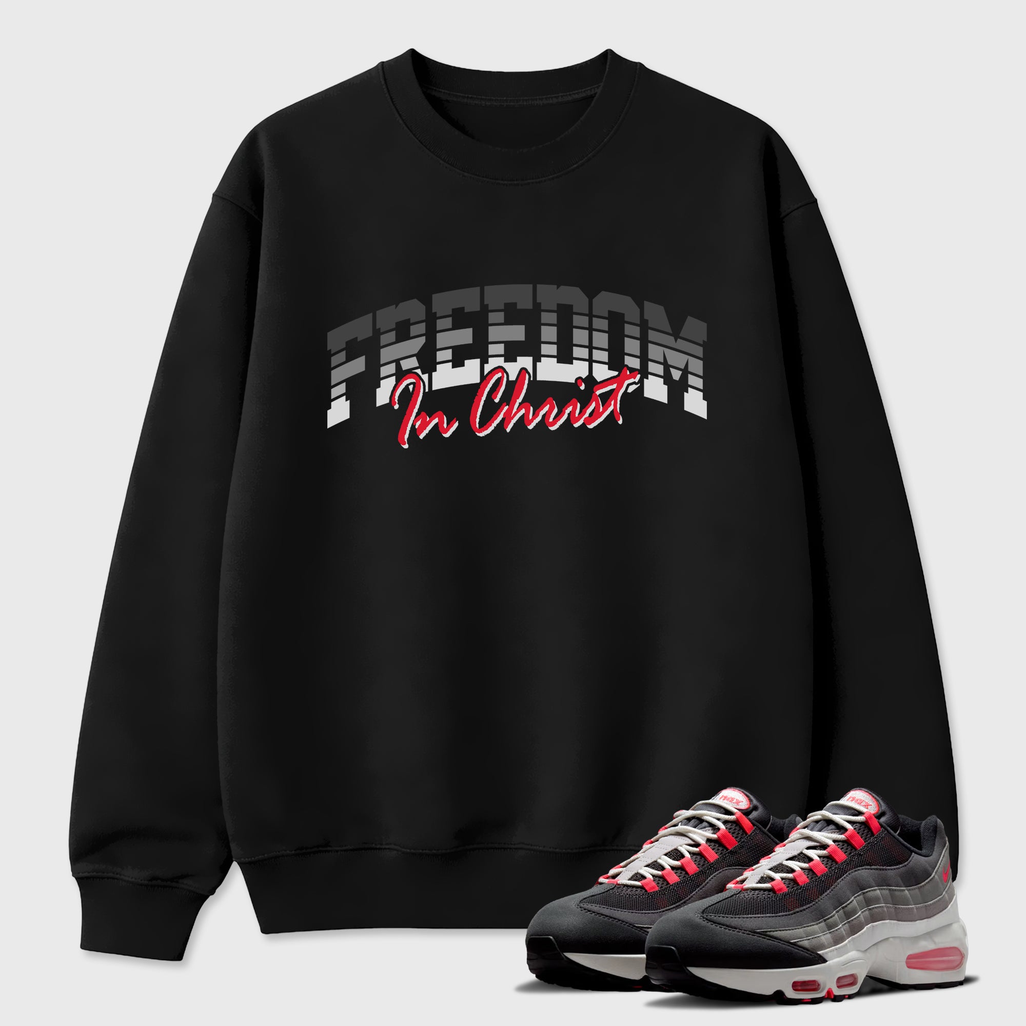 Freedom In Christ Graphic T-Shirt featuring original streetwear artwork designed to match the Air Max 95 Reverse Solar Red. Black 1 Graphic Tee.