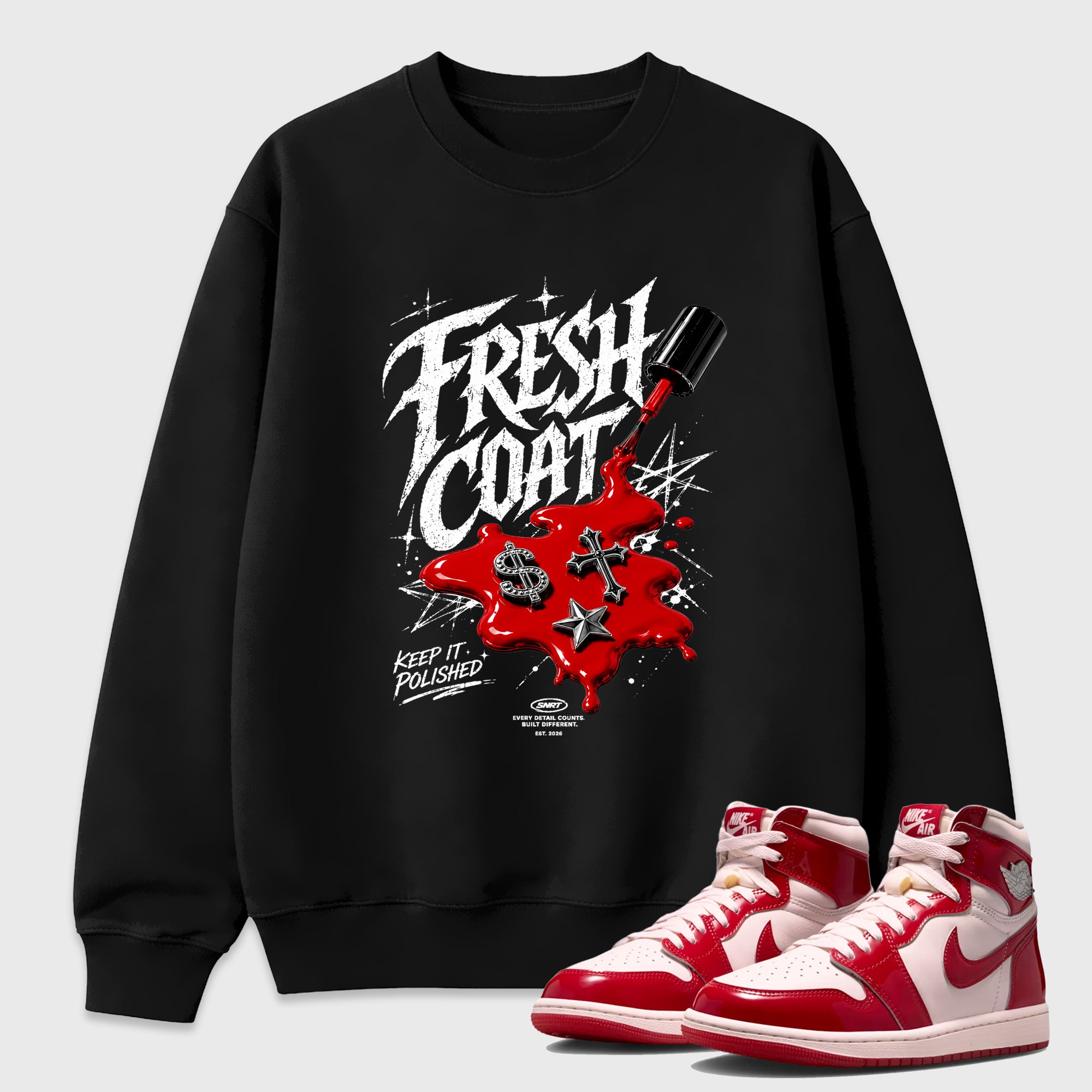 Fresh Coat Graphic T-Shirt featuring original streetwear artwork designed to match the Air Jordan 1 Nails and Grails. Black 1 Graphic Tee.