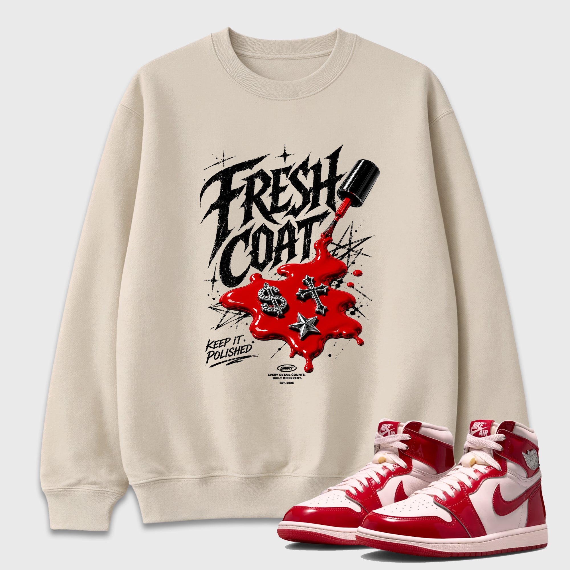 Fresh Coat Graphic T-Shirt featuring original streetwear artwork designed to match the Air Jordan 1 Nails and Grails. Natural 1 Graphic Tee.