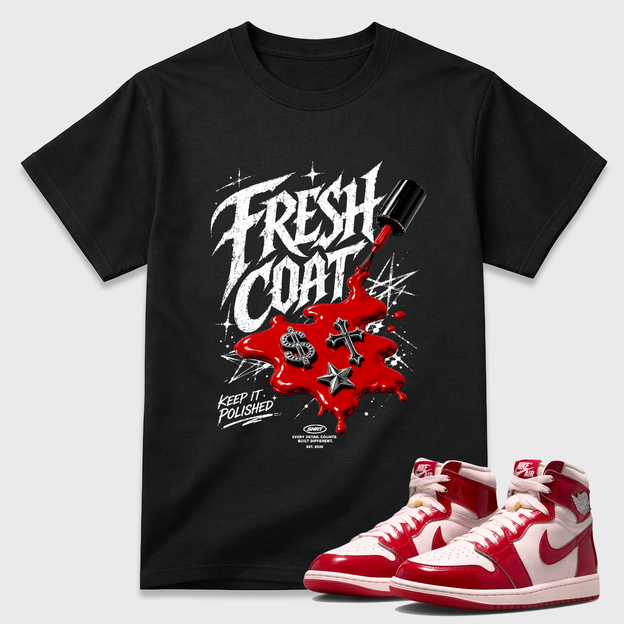 Fresh Coat Graphic T-Shirt featuring original streetwear artwork designed to match the Air Jordan 1 Nails and Grails. Black 1 Graphic T-Shirt.