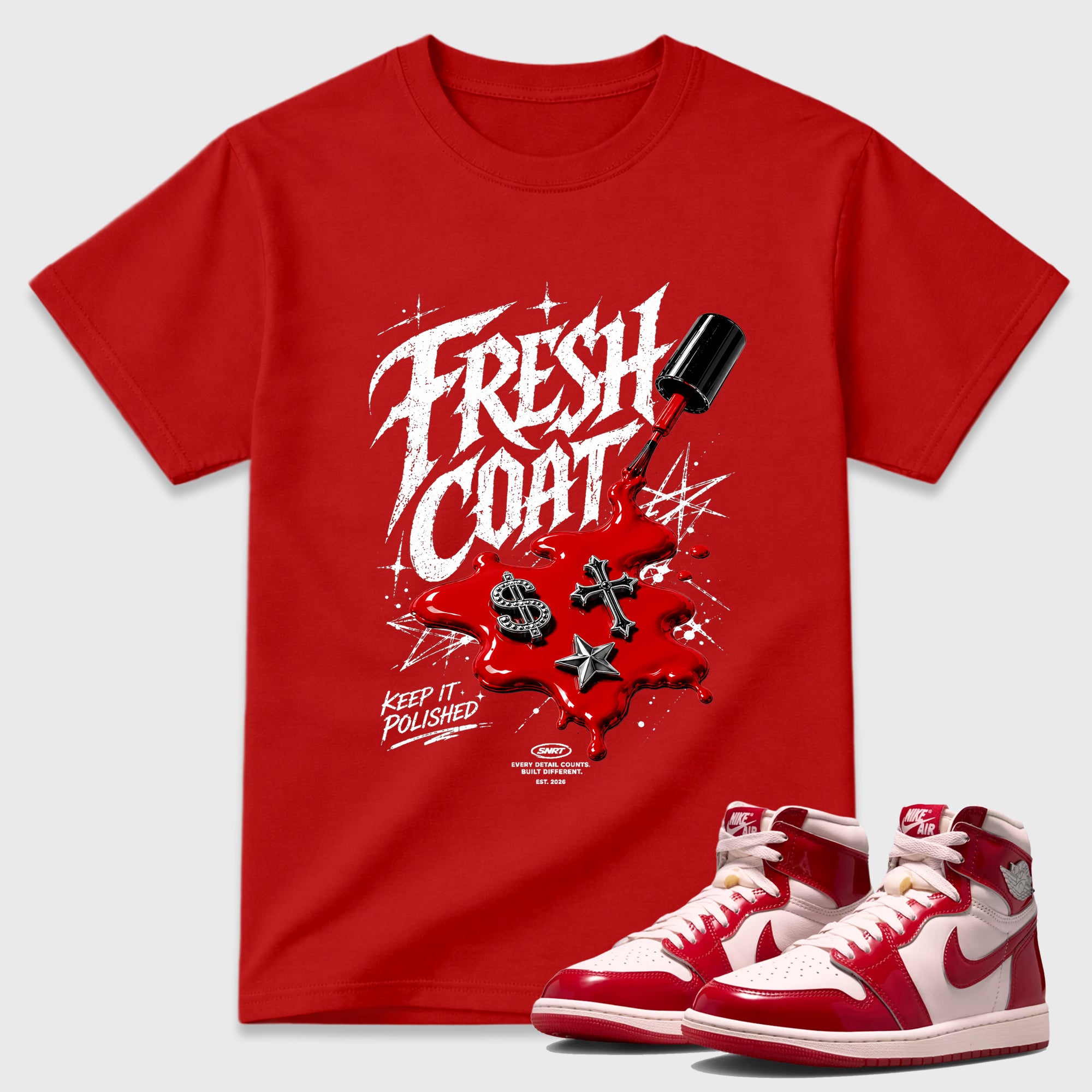 Fresh Coat Graphic T-Shirt featuring original streetwear artwork designed to match the Air Jordan 1 Nails and Grails. Red 1 Graphic T-Shirt.