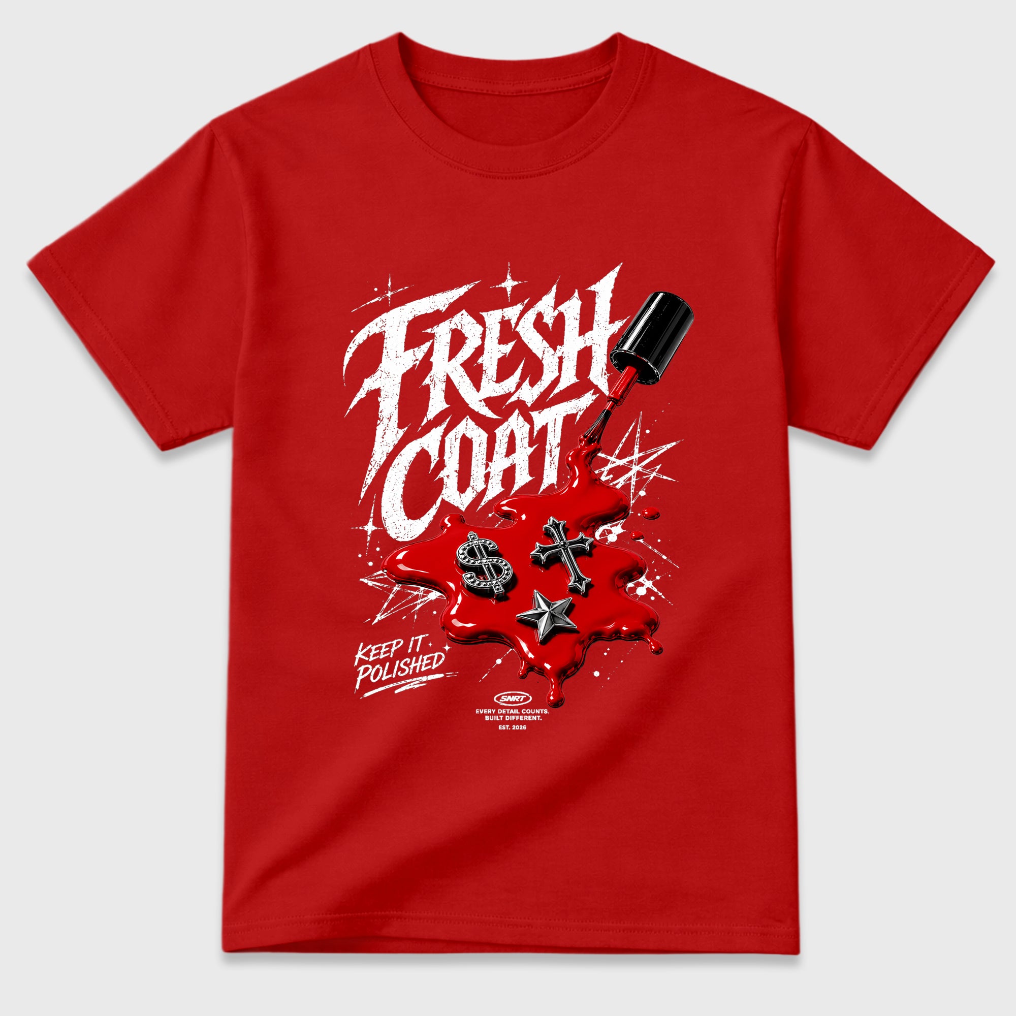 Fresh Coat Graphic T-Shirt featuring original streetwear artwork designed to match the Air Jordan 1 Nails and Grails. Red 2 Graphic T-Shirt.