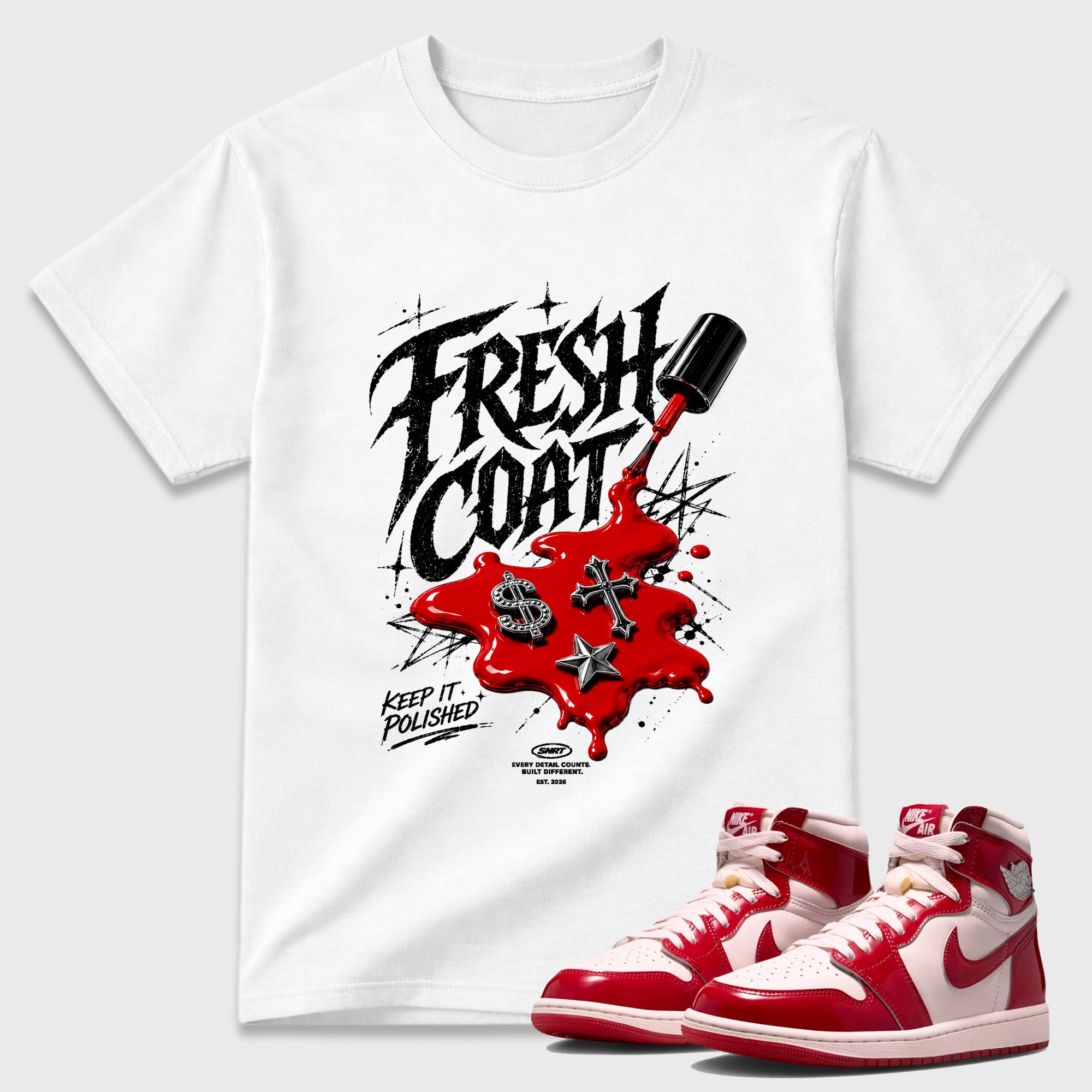 Fresh Coat Graphic T-Shirt featuring original streetwear artwork designed to match the Air Jordan 1 Nails and Grails. White 1 Graphic T-Shirt.