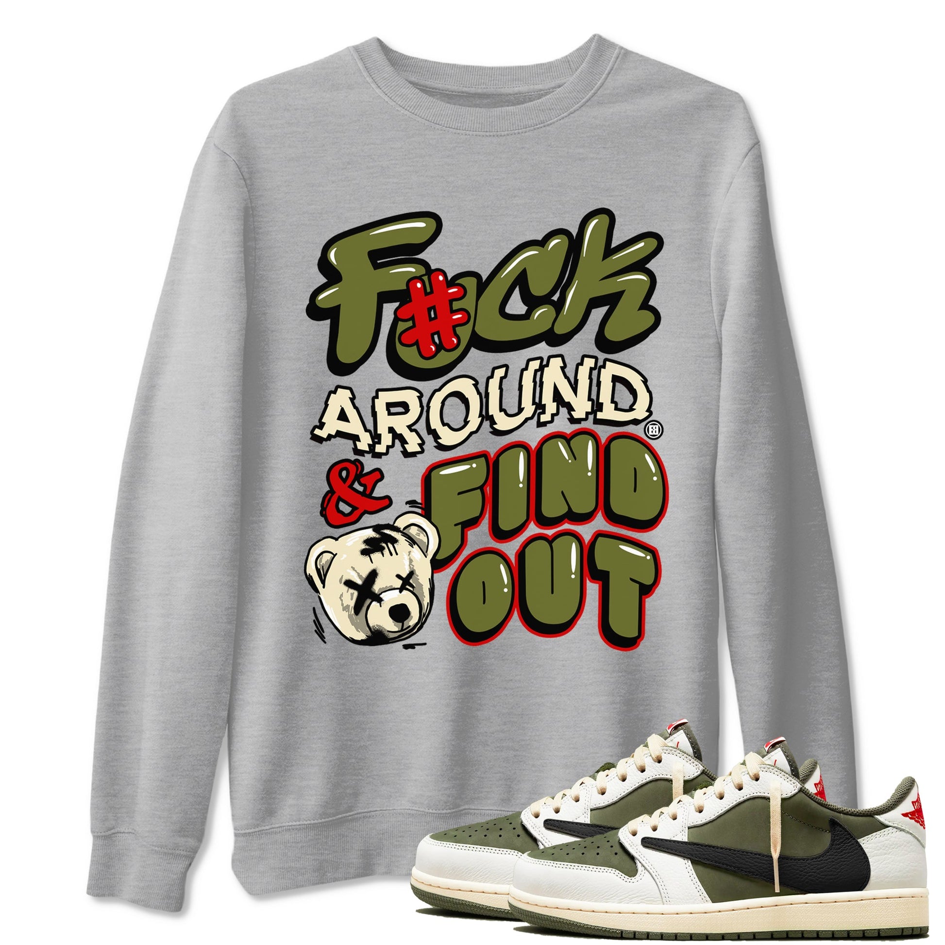 Jordan 1 Olive t shirts to match sneakers Fuck Around And Find Out sneaker match tees Air Jordan 1 Low x Travis Scott Reverse Olive tee SNRT Sneaker Tees unisex cotton Heather Grey 1 shirts