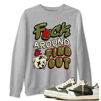 Jordan 1 Olive t shirts to match sneakers Fuck Around And Find Out sneaker match tees Air Jordan 1 Low x Travis Scott Reverse Olive tee SNRT Sneaker Tees unisex cotton Heather Grey 1 shirts