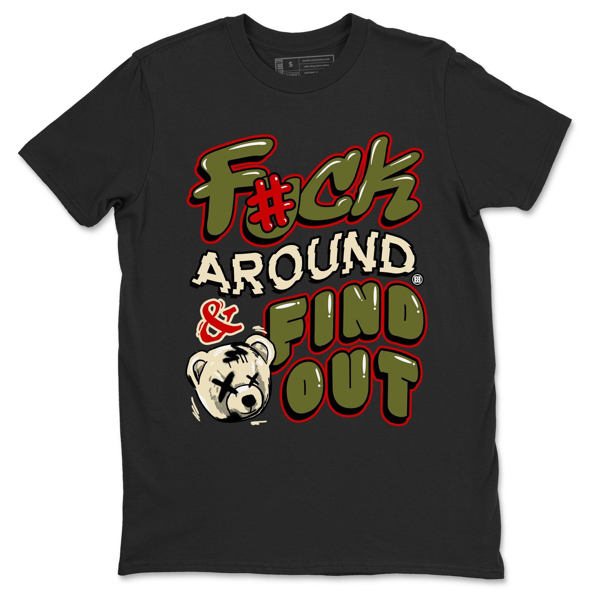 Jordan 1 Olive t shirts to match sneakers Fuck Around And Find Out sneaker match tees Air Jordan 1 Low x Travis Scott Reverse Olive tee SNRT Sneaker Tees unisex cotton Black 2 shirts