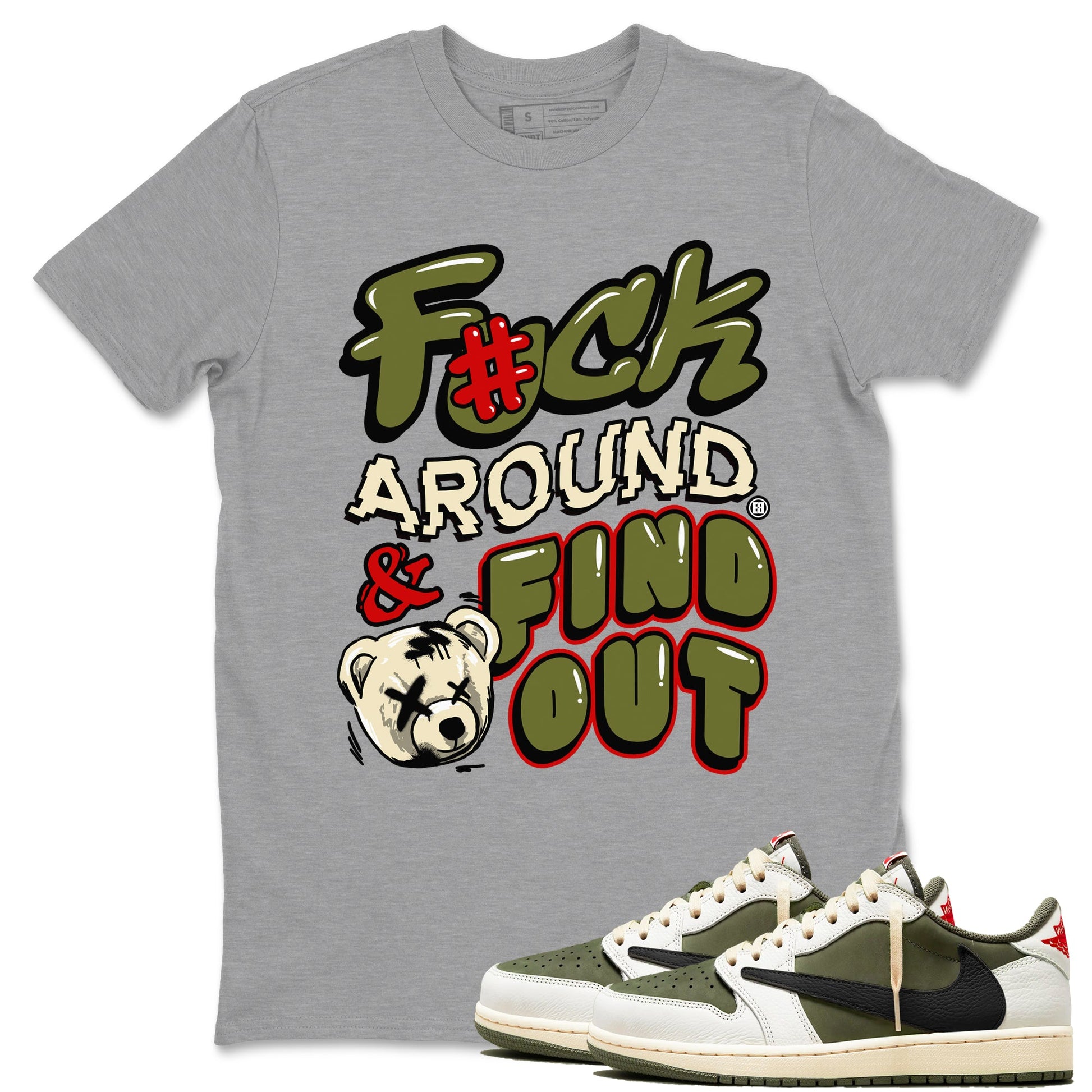 Jordan 1 Olive t shirts to match sneakers Fuck Around And Find Out sneaker match tees Air Jordan 1 Low x Travis Scott Reverse Olive tee SNRT Sneaker Tees unisex cotton Heather Grey 1 shirts