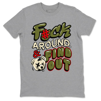 Jordan 1 Olive t shirts to match sneakers Fuck Around And Find Out sneaker match tees Air Jordan 1 Low x Travis Scott Reverse Olive tee SNRT Sneaker Tees unisex cotton Heather Grey 2 shirts