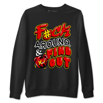 Fuck Around And Find Out sneaker match t-shirt styled to complete your fit with the Air Jordan 14 Challenge Red sneakers, graphic shirts in Black 1.