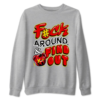 Fuck Around And Find Out sneaker match t-shirt styled to complete your fit with the Air Jordan 14 Challenge Red sneakers, graphic shirts in Heather Grey 2.