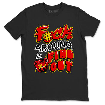 Fuck Around And Find Out sneaker match t-shirt styled to complete your fit with the Air Jordan 14 Challenge Red sneakers, graphic shirts in Black 2.