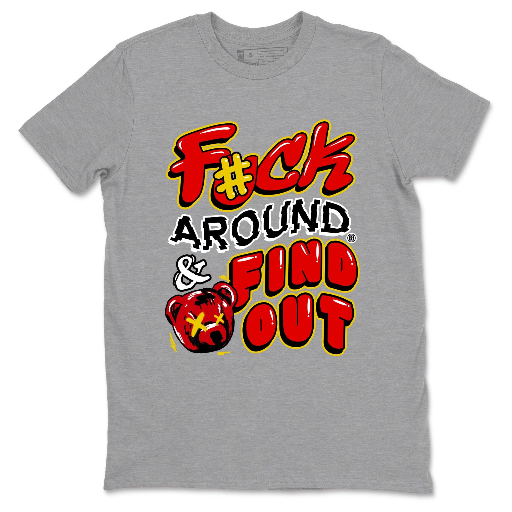 Fuck Around And Find Out sneaker match t-shirt styled to complete your fit with the Air Jordan 14 Challenge Red sneakers, graphic shirts in Heather Grey 2.