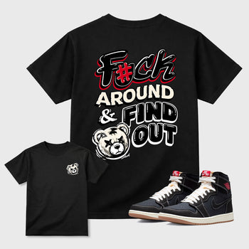 Fuck Around and Find Outgraphic t-shirt. Streetwear sneakerfit. Sneaker outfit. Complete your fit with the Air Jordan 1 Flight Club sneakers, shown in Black.