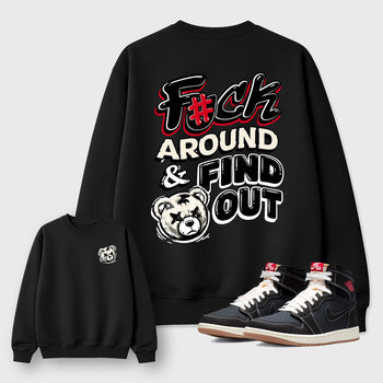 Fuck Around and Find Outgraphic t-shirt. Streetwear sneakerfit. Sneaker outfit. Complete your fit with the 1s Flight Club, shown in Black.