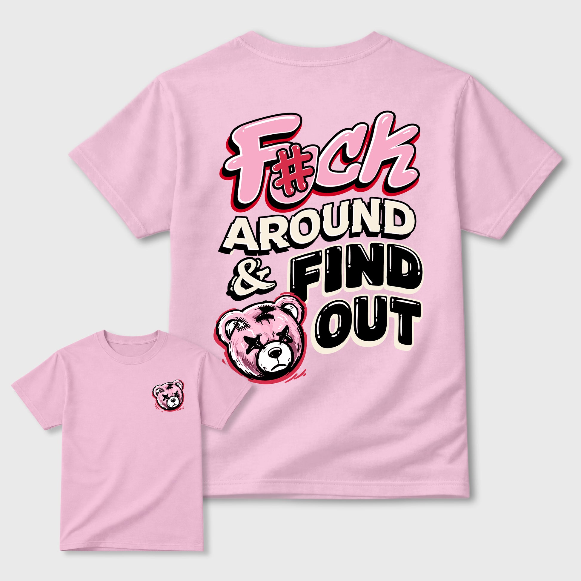 Fuck Around and Find Out Graphic T-Shirt sneaker match tee designed for1s Travis Scott x Tropical Pink, featuring coordinated color options for a perfect streetwear match. Pink shirt.