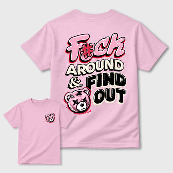 Fuck Around and Find Out Graphic T-Shirt sneaker match tee designed for1s Travis Scott x Tropical Pink, featuring coordinated color options for a perfect streetwear match. Pink shirt.