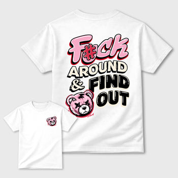 Fuck Around and Find Out Graphic T-Shirt sneaker match tee designed for1s Travis Scott x Tropical Pink, featuring coordinated color options for a perfect streetwear match. White shirt.