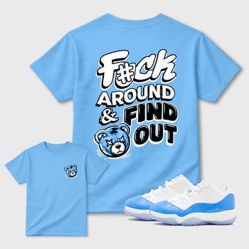 Fuck Around and Find Outgraphic t-shirt. Streetwear sneakerfit. Sneaker outfit. Complete your fit with the 11s University Blue, shown in Carolina Blue.