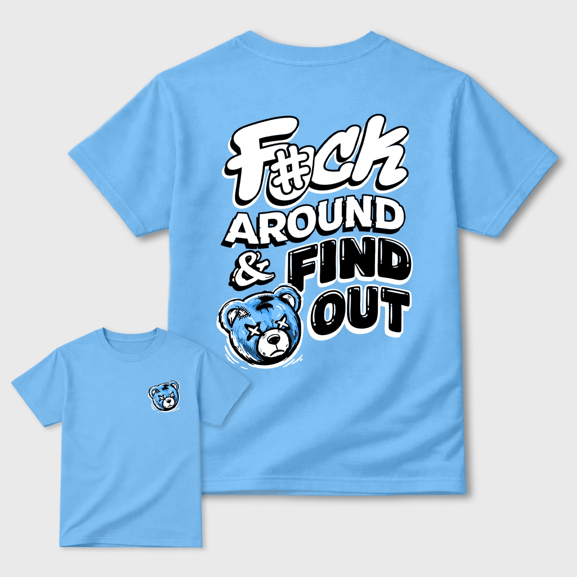 Fuck Around and Find Outgraphic t-shirt. Streetwear sneakerfit. Sneaker outfit. Complete your fit with the 11s University Blue, shown in Carolina Blue.
