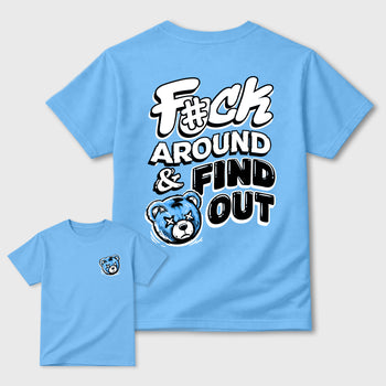 Fuck Around and Find Outgraphic t-shirt. Streetwear sneakerfit. Sneaker outfit. Complete your fit with the 11s University Blue, shown in Carolina Blue.