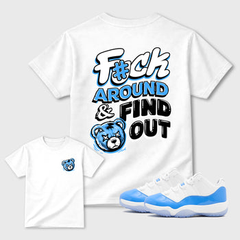 Fuck Around and Find Outgraphic t-shirt. Streetwear sneakerfit. Sneaker outfit. Complete your fit with the Air Jordan 11 University Blue sneakers, shown in White.