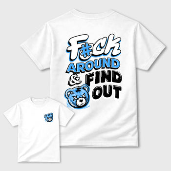 Fuck Around and Find Outgraphic t-shirt. Streetwear sneakerfit. Sneaker outfit. Complete your fit with the 11s University Blue, shown in White.