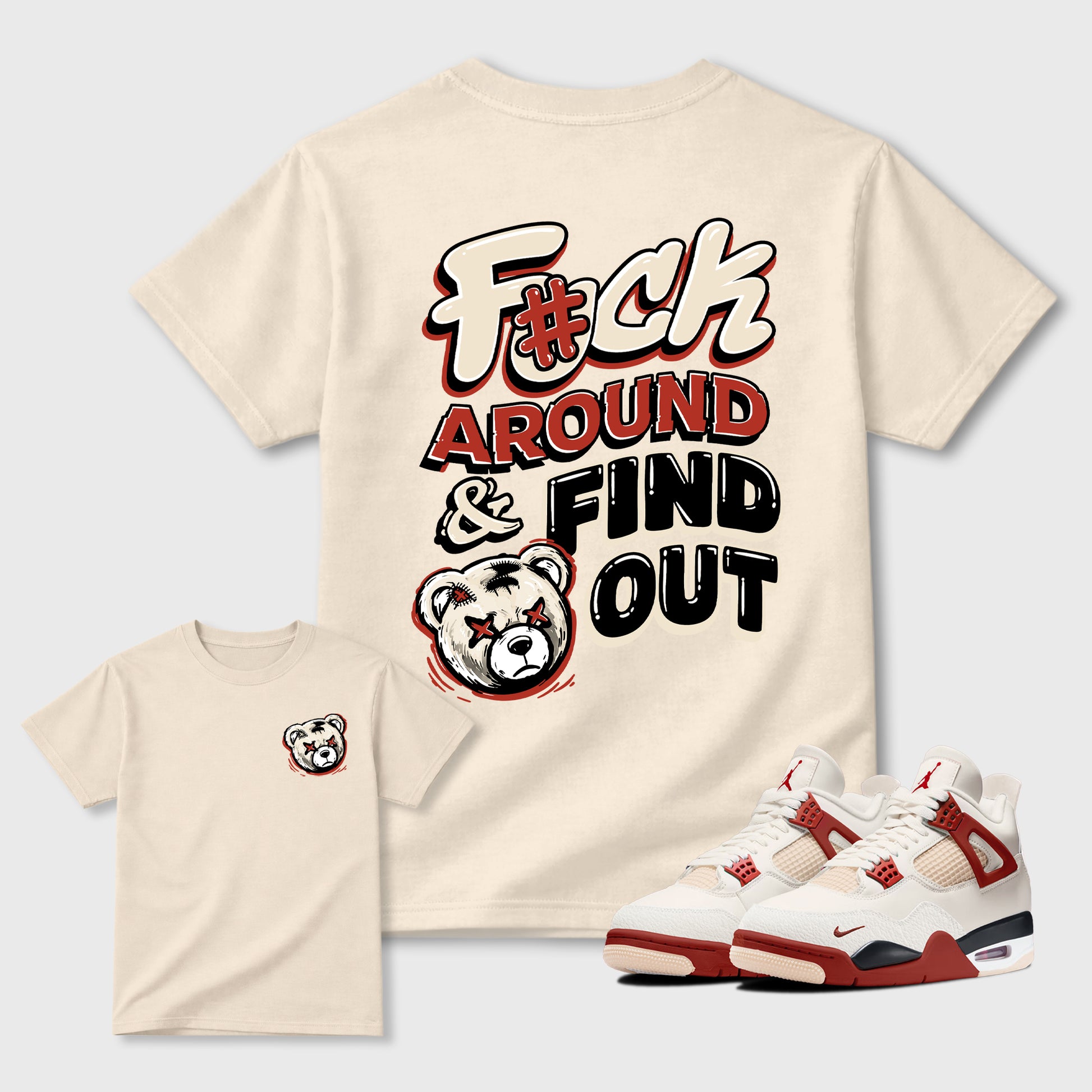 Fuck Around and Find Outgraphic t-shirt. Streetwear sneakerfit. Sneaker outfit. Complete your fit with the Air Jordan 4 Brick After Brick sneakers, shown in Natural.