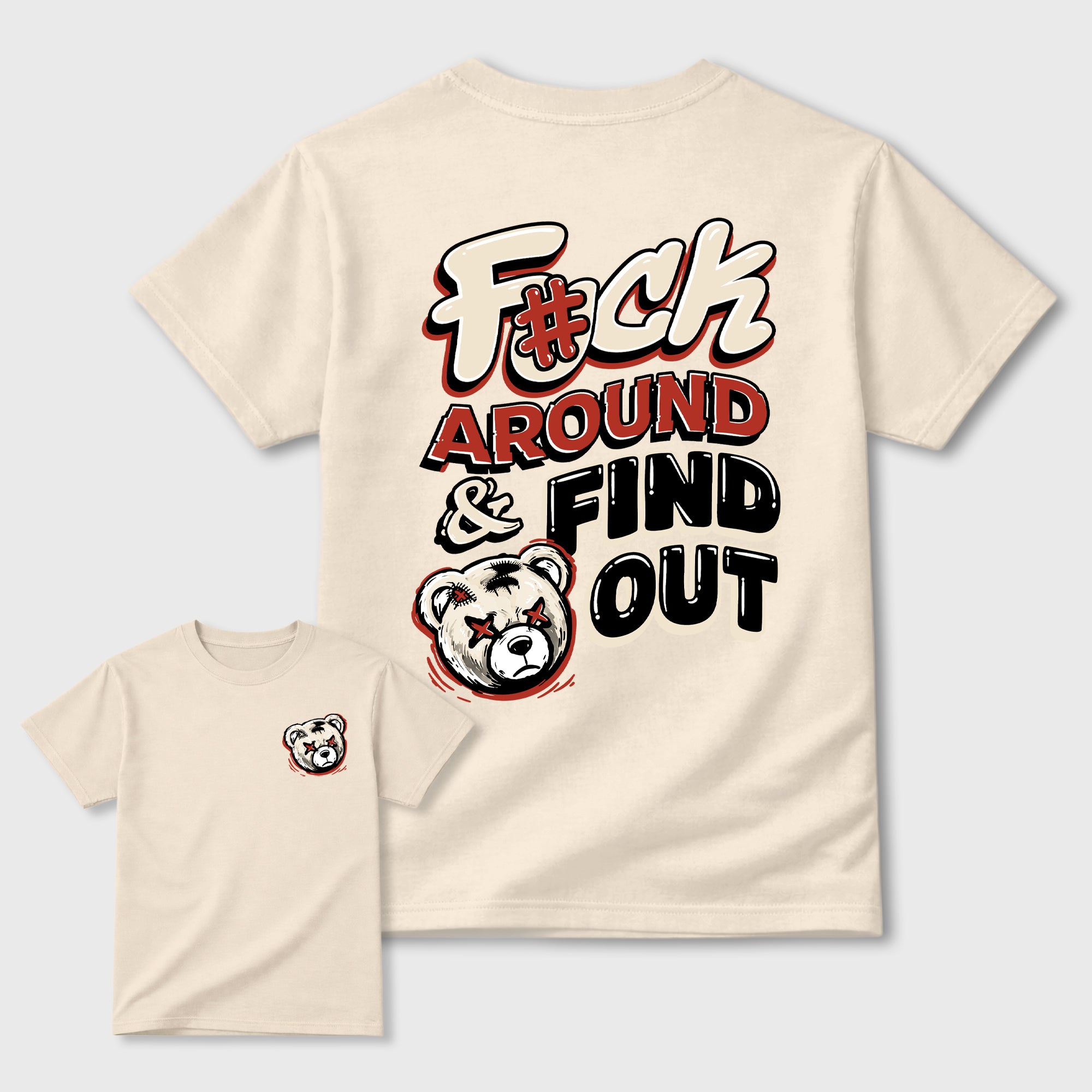 Fuck Around and Find Outgraphic t-shirt. Streetwear sneakerfit. Sneaker outfit. Complete your fit with the 4s Brick After Brick, shown in Natural.