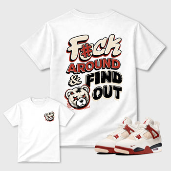 Fuck Around and Find Outgraphic t-shirt. Streetwear sneakerfit. Sneaker outfit. Complete your fit with the 4s Brick After Brick, shown in Natural.