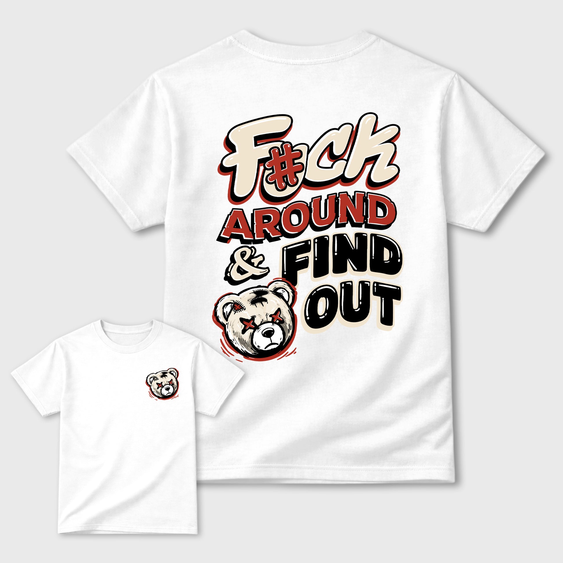 Fuck Around and Find Outgraphic t-shirt. Streetwear sneakerfit. Sneaker outfit. Complete your fit with the 4s Brick After Brick, shown in Natural.