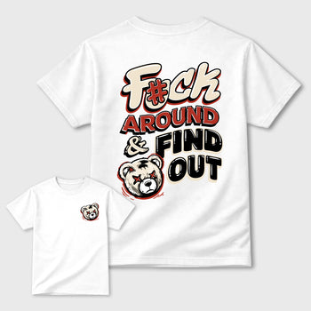 Fuck Around and Find Outgraphic t-shirt. Streetwear sneakerfit. Sneaker outfit. Complete your fit with the 4s Brick After Brick, shown in Natural.