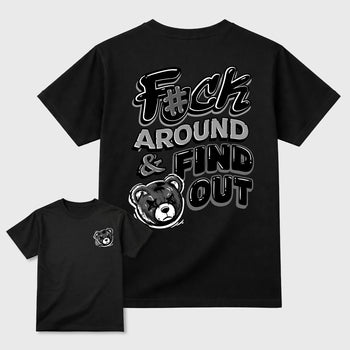 Fuck Around and Find Out graphic t-shirt styled to complete your sneaker outfit with the 6s Cap&Gown, shown in Black.