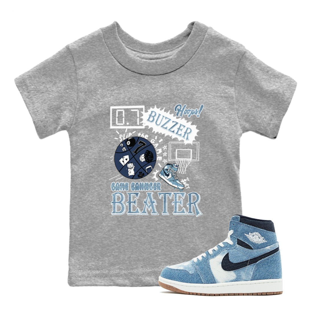 1s Denim shirts to match jordans Game Changer sneaker match tees Air Jordan 1 Denim SNRT Sneaker Tees streetwear brand Baby and Youth Heather Grey 1 cotton tee